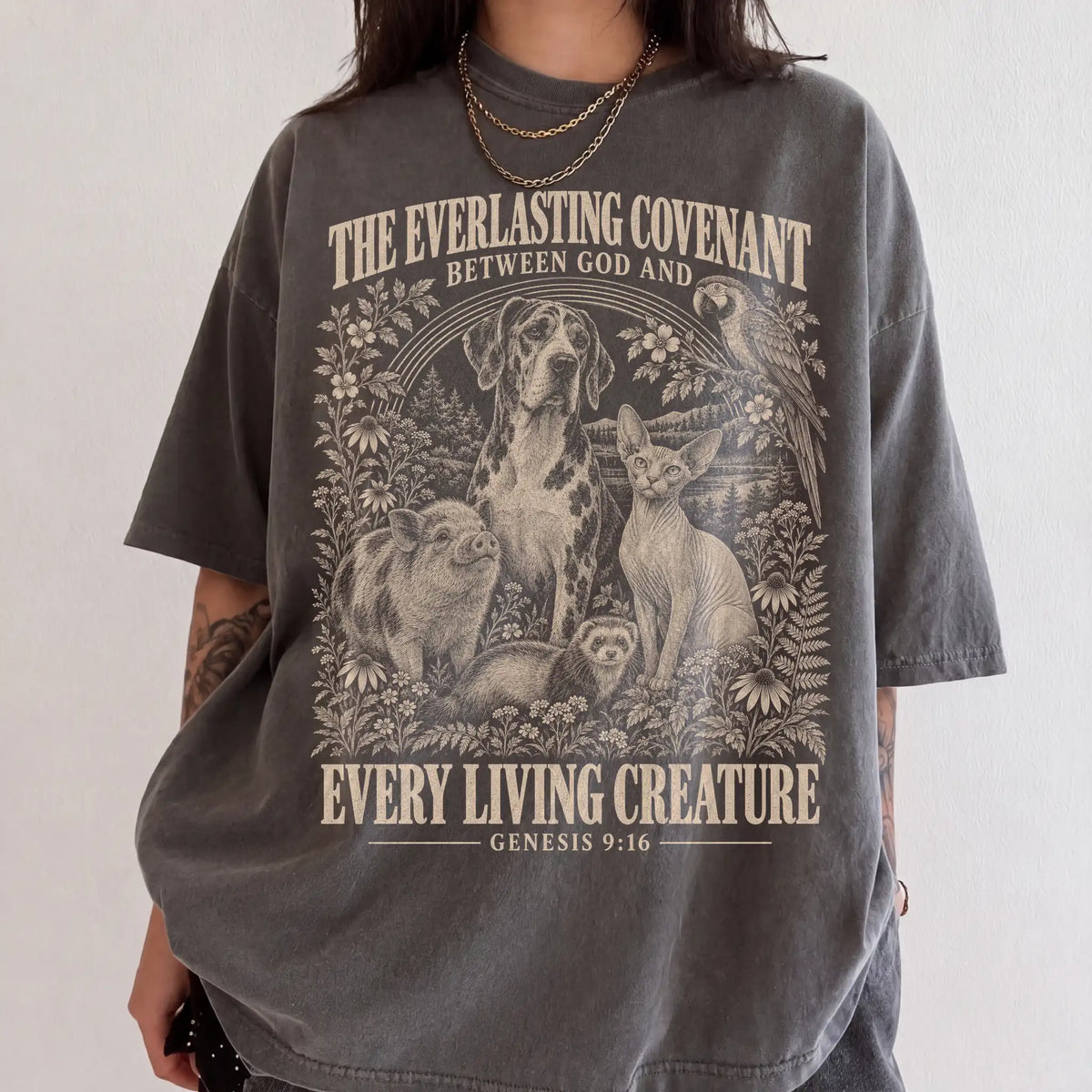 Woman wearing a Pepper Every Living Creature scripture Comfort Colors T-shirt