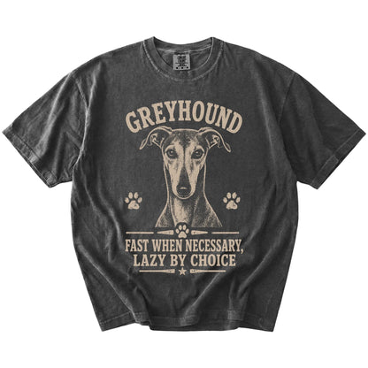 Greyhound design with “Fast When Necessary, Lazy By Choice” lettering on a Pepper Comfort Colors® T-shirt