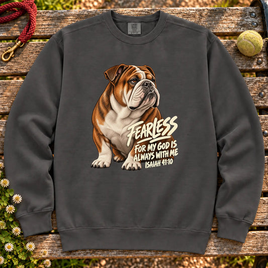 Pepper Fearless Bulldog sweatshirt with Isaiah 41:10