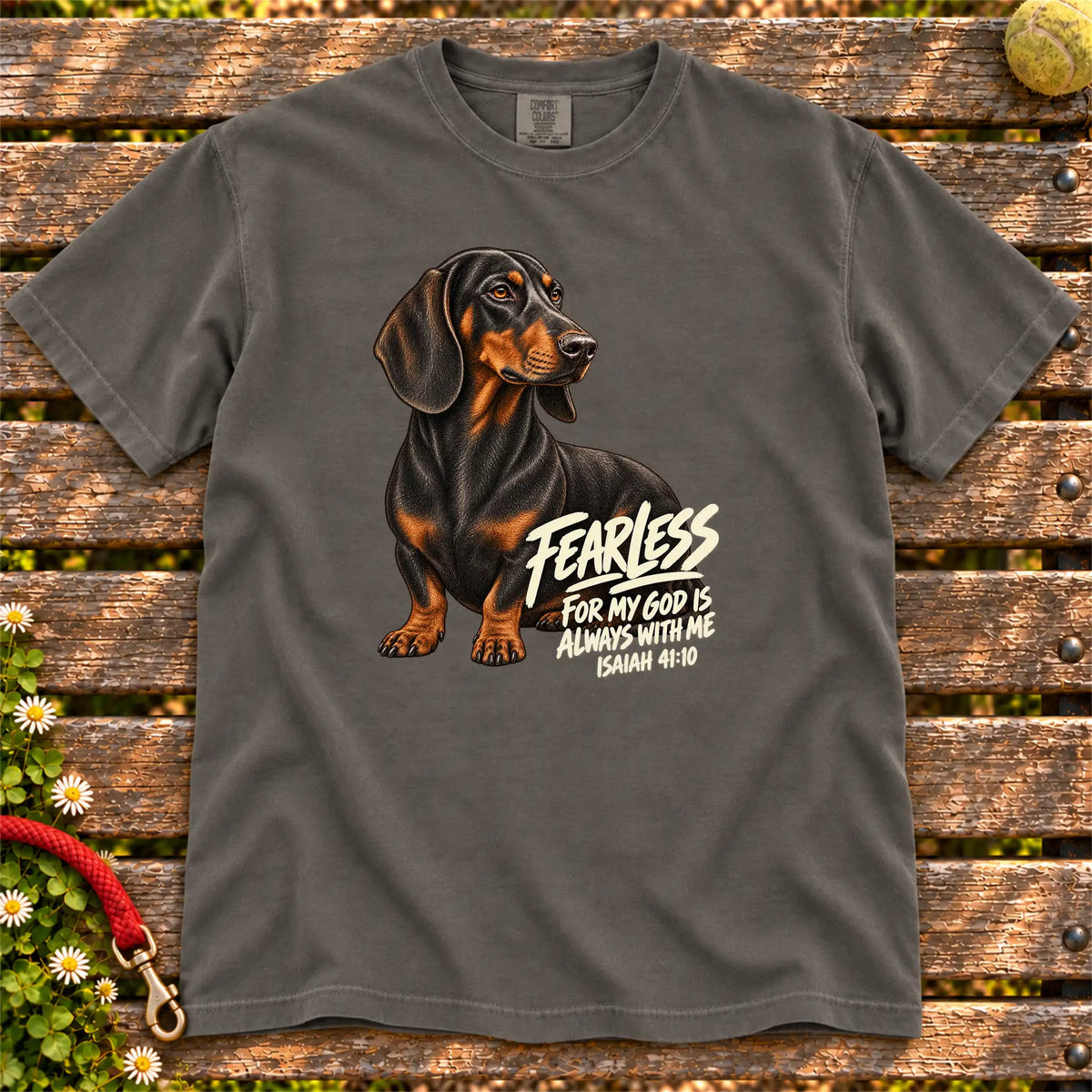 Pepper Fearless Dachshund T-shirt with Isaiah 41:10