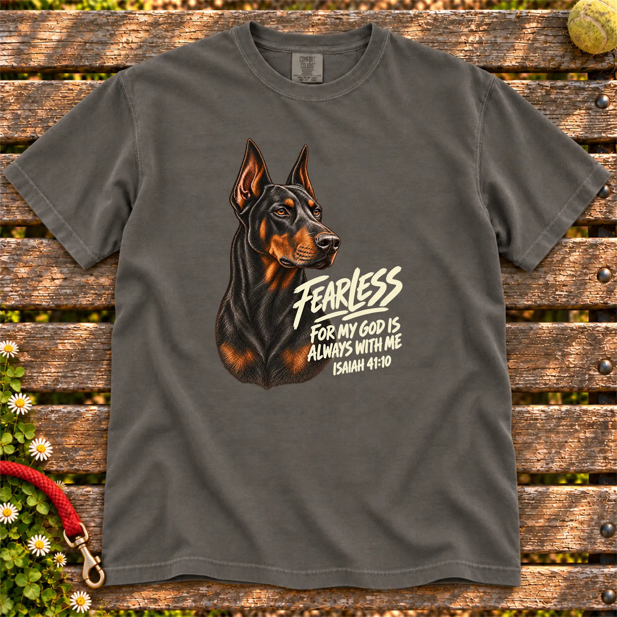 Pepper Fearless Doberman T-shirt with Isaiah 41:10