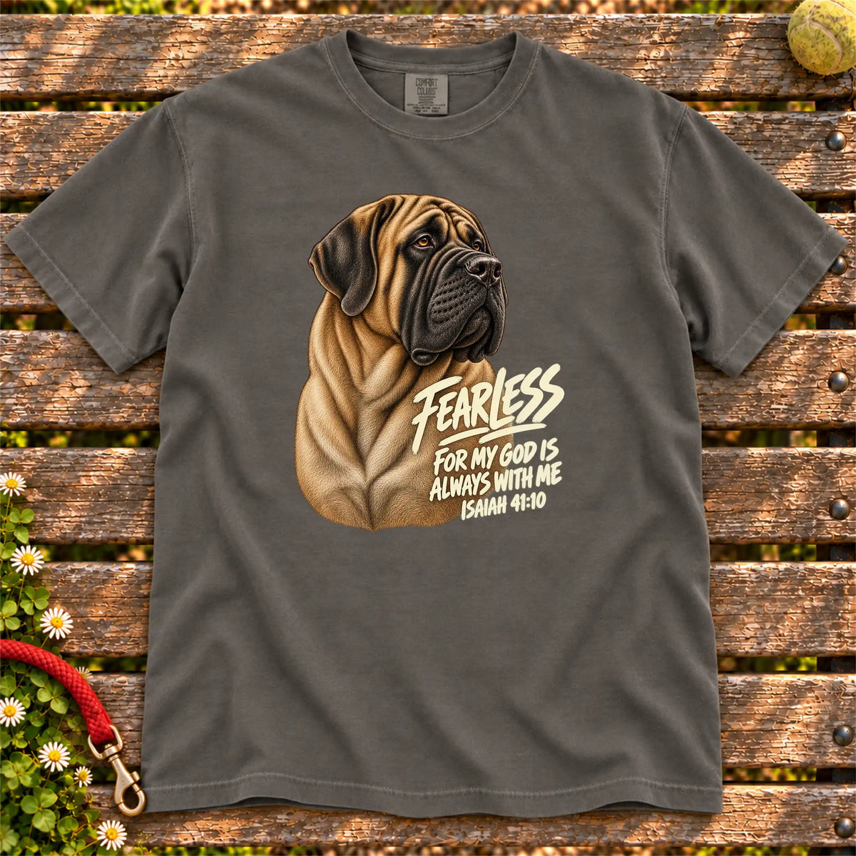 Pepper Fearless Mastiff T-shirt with Isaiah 41:10