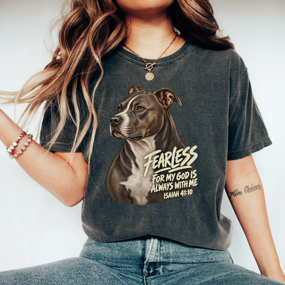 Woman wearing a pepper Fearless Pitbull T-shirt with Isaiah 41:10