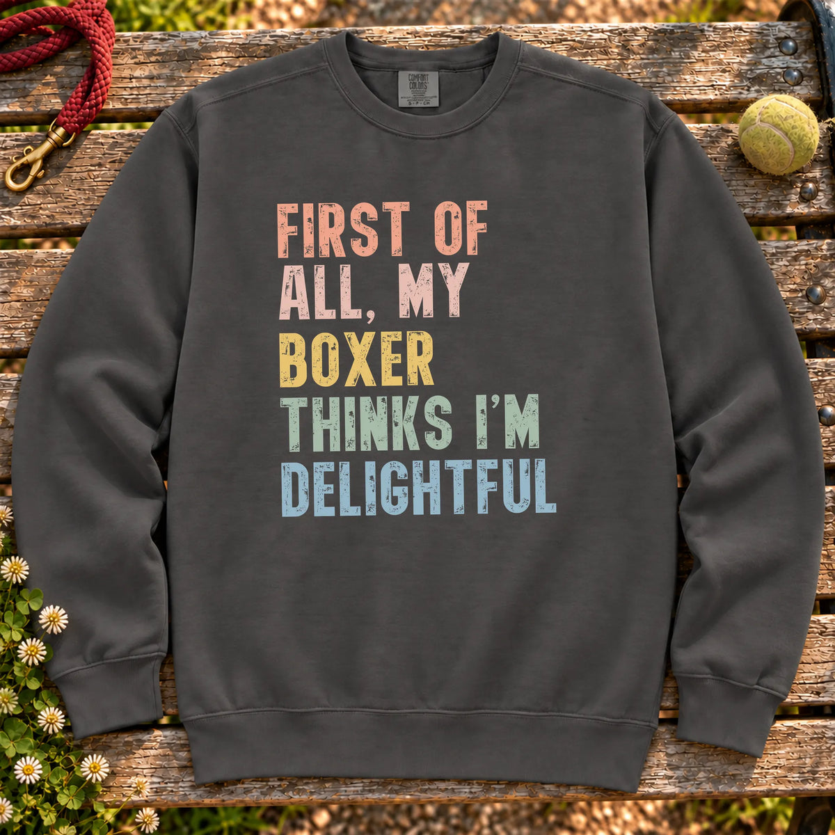 “First of all, my Boxer thinks I’m delightful” text on a Pepper sweatshirt