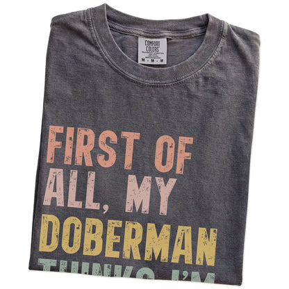 Folded Pepper Comfort Colors® T-shirt showing “My Doberman thinks I’m delightful” text