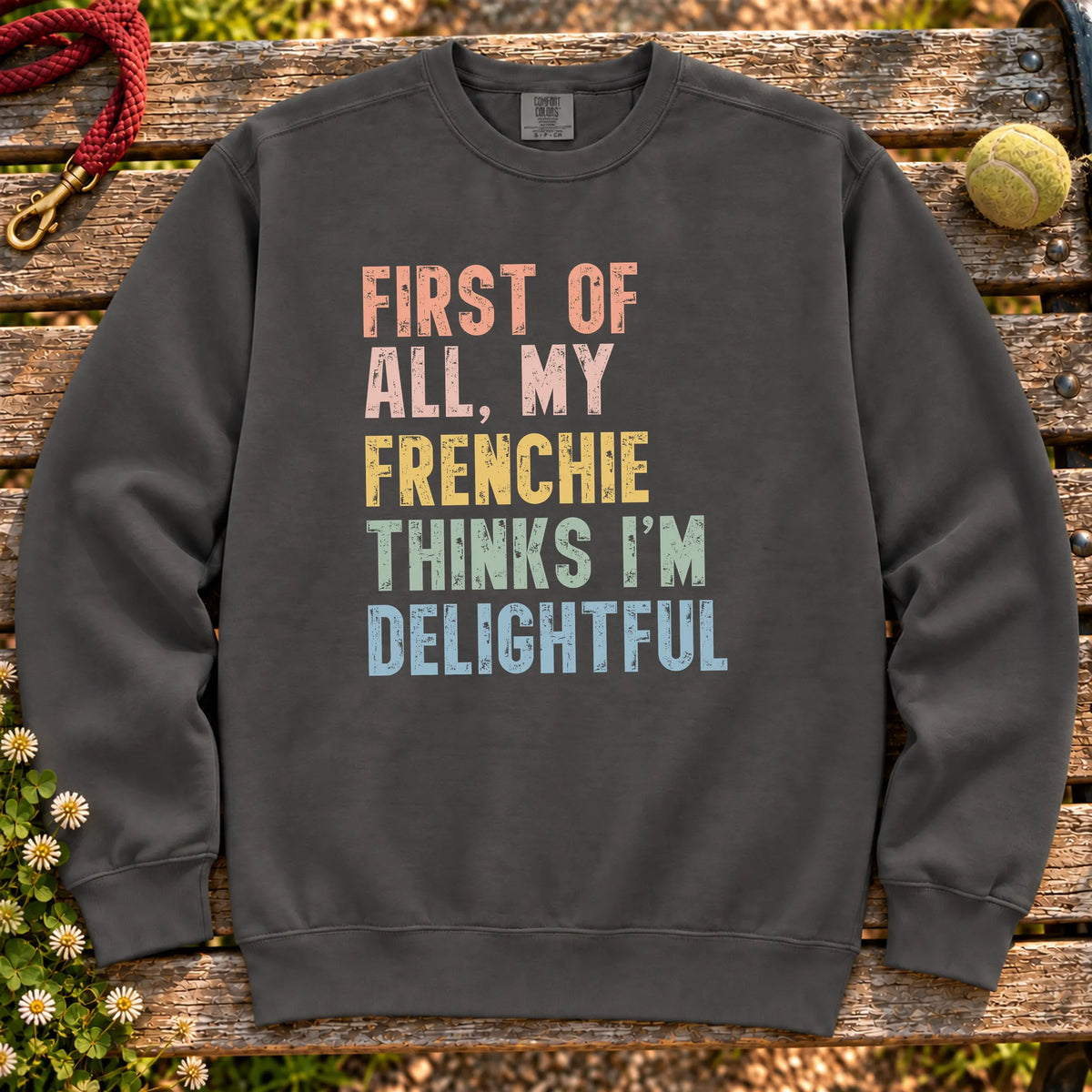 “First of all, my French Bulldog thinks I’m delightful” text on a Pepper sweatshirt