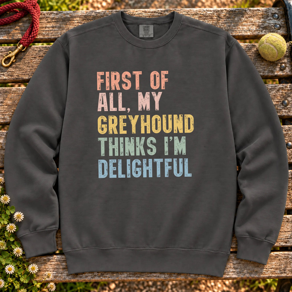 “First of all, my Greyhound thinks I’m delightful” text on a Pepper sweatshirt
