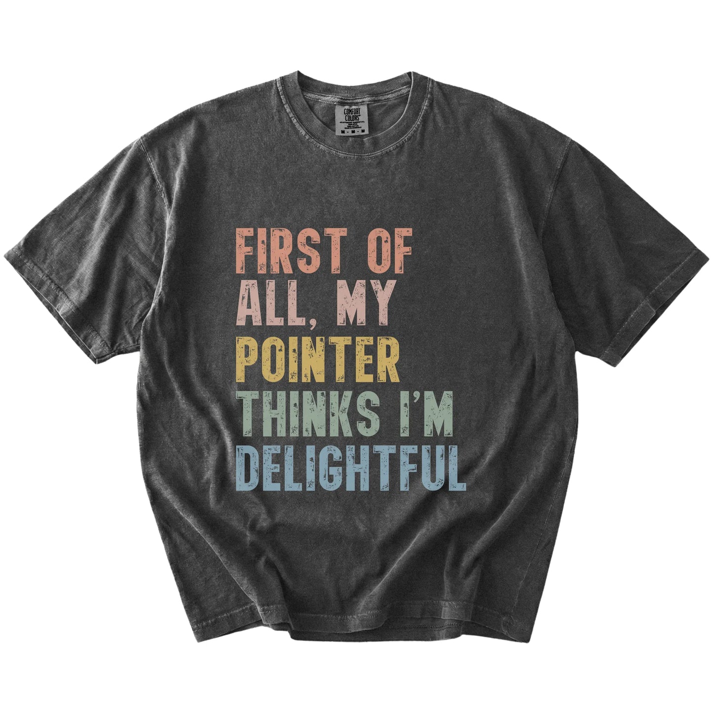 “My Pointer thinks I’m delightful” text on a Pepper Comfort Colors® T-shirt