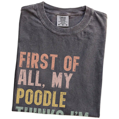Folded Pepper Comfort Colors® T-shirt showing “My Poodle thinks I’m delightful” text