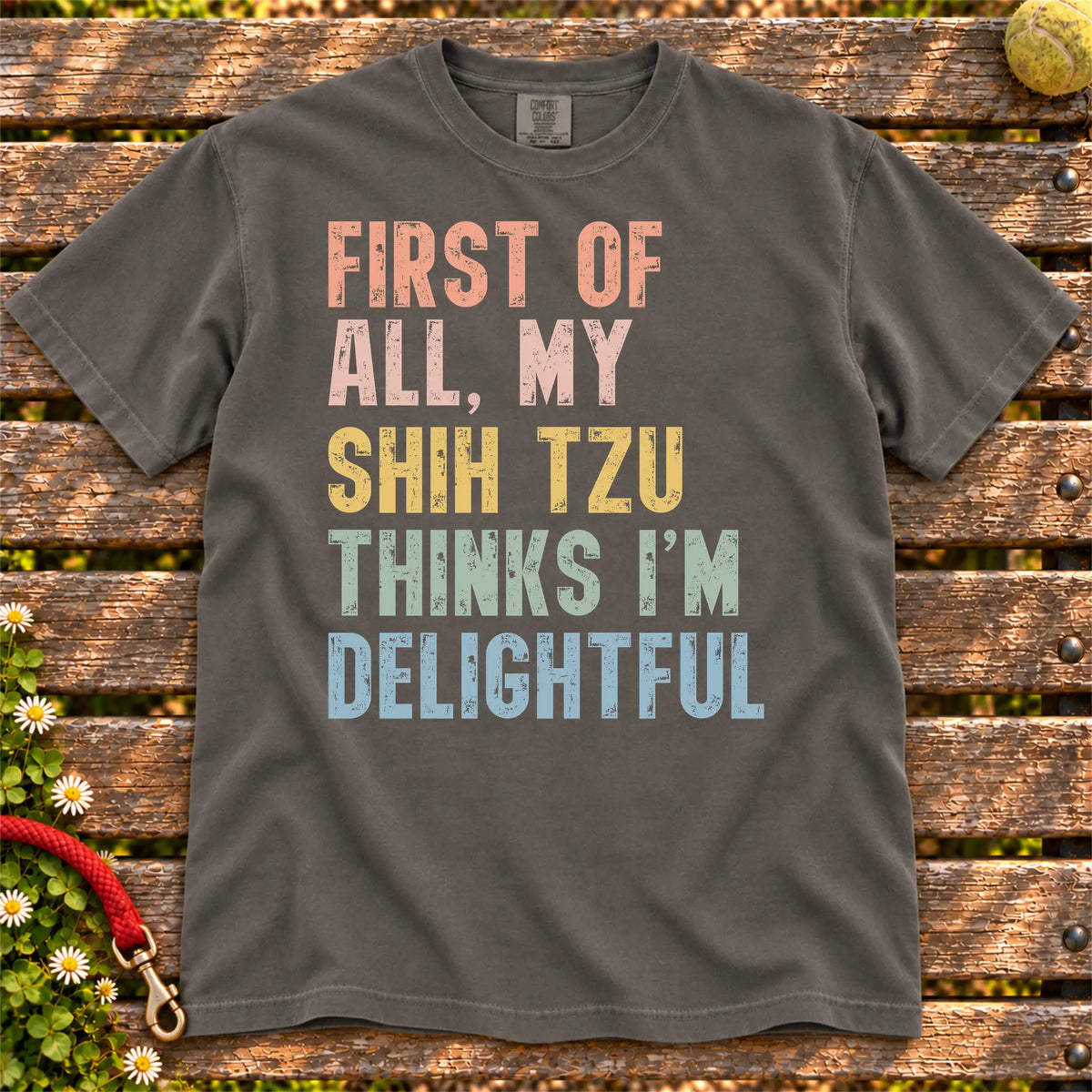 “My Shih Tzu thinks I’m delightful” text on a Pepper Comfort Colors® T-shirt