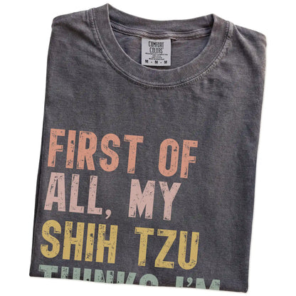 Folded Pepper Comfort Colors® T-shirt showing “My Shih Tzu thinks I’m delightful” text