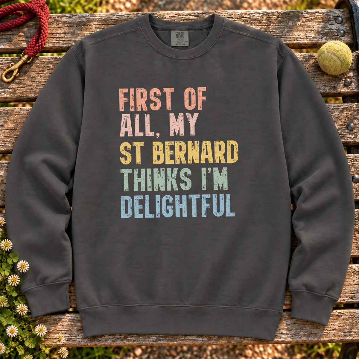 “First of all, my St Bernard thinks I’m delightful” text on a Pepper sweatshirt