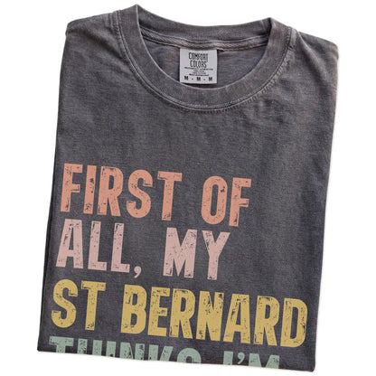 Folded Pepper Comfort Colors® T-shirt showing “My St Bernard thinks I’m delightful” text