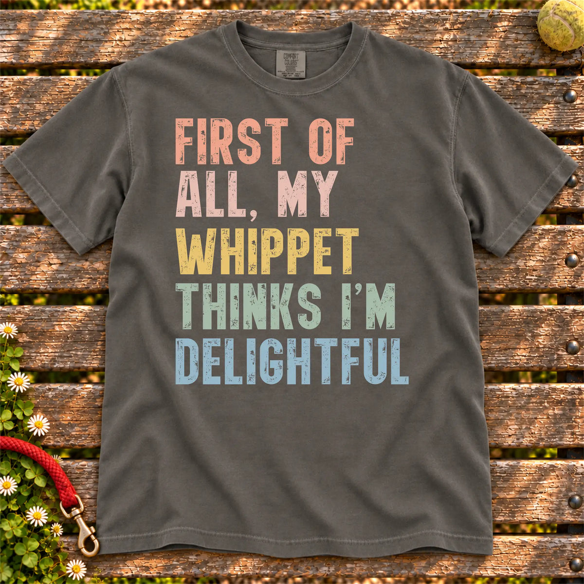 “My Whippet thinks I’m delightful” text on a Pepper Comfort Colors® T-shirt