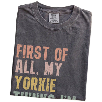 Folded Pepper Comfort Colors® T-shirt showing “My Yorkie thinks I’m delightful” text