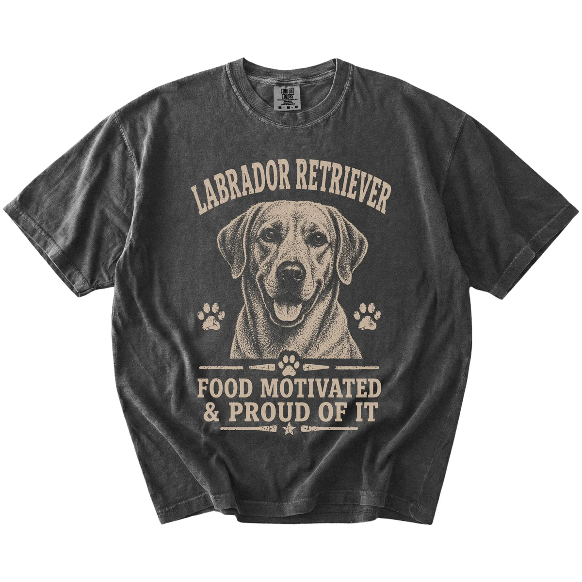 Labrador Retriever design with “Food Motivated & Proud Of It” lettering on a Pepper Comfort Colors® T-shirt
