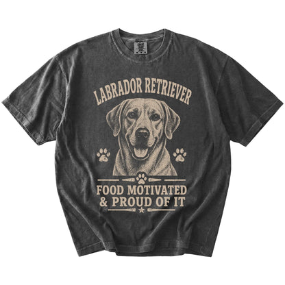 Labrador Retriever design with “Food Motivated & Proud Of It” lettering on a Pepper Comfort Colors® T-shirt