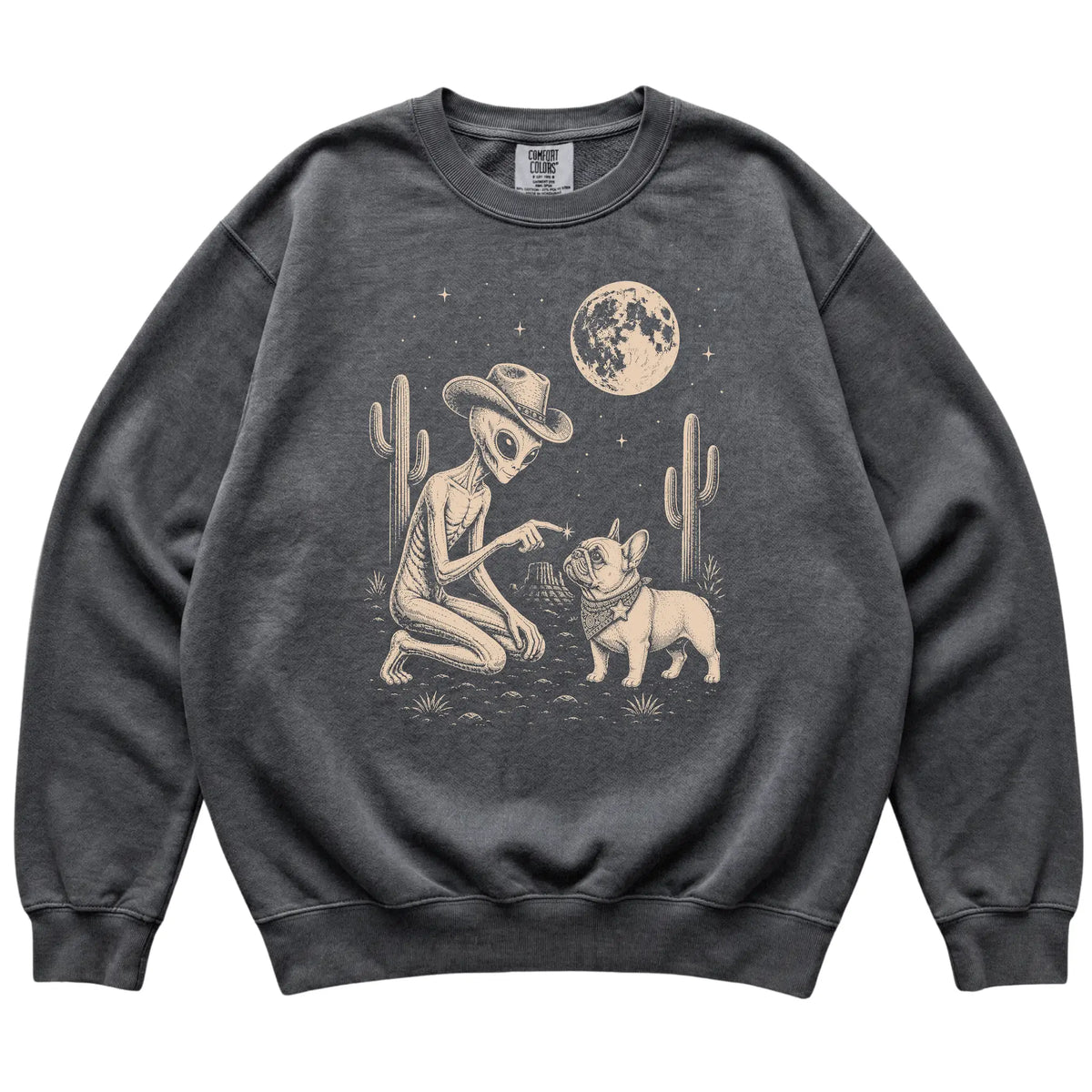 Pepper Comfort Colors® sweatshirt featuring French Bulldog Cowboy and Alien, laid-flat presentation