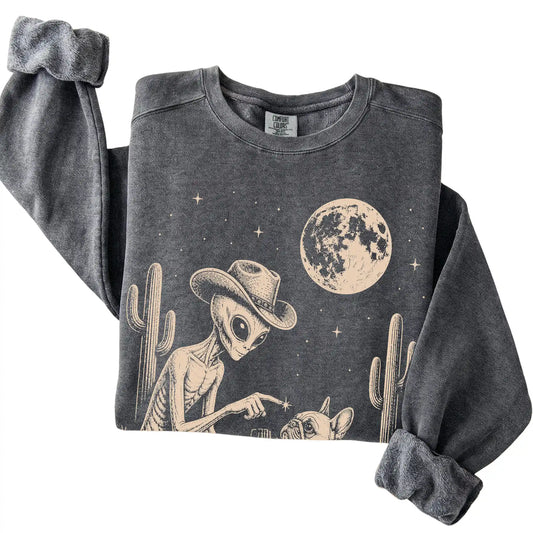 Pepper Comfort Colors® sweatshirt featuring French Bulldog Cowboy and Alien, folded presentation