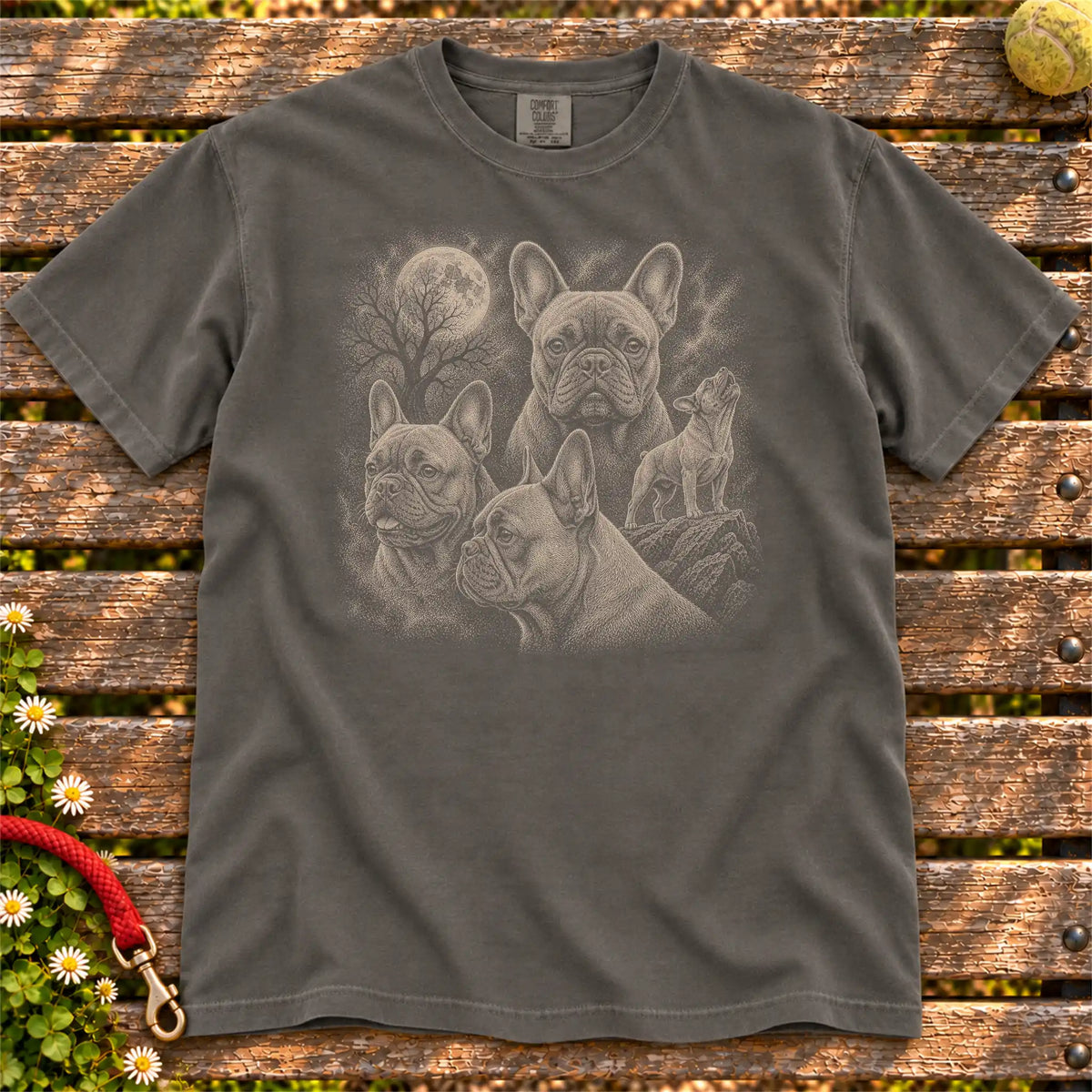 French Bulldog 90s Moon design on a Pepper T-shirt shown flat