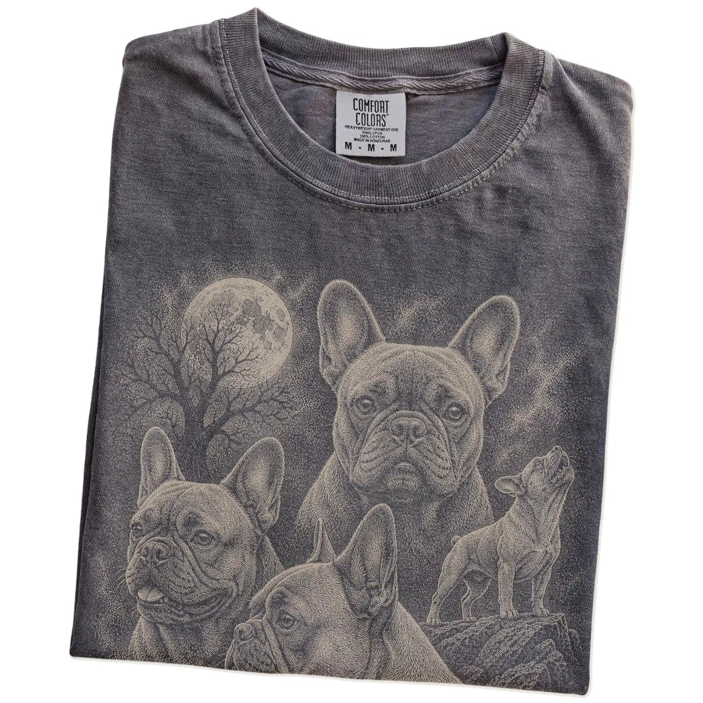 Folded Pepper Comfort Colors® T-shirt showing a vintage moon montage featuring French Bulldog
