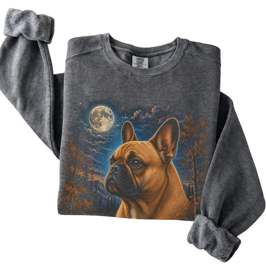 Folded pepper sweatshirt with French Bulldog Autumn Moon artwork.
