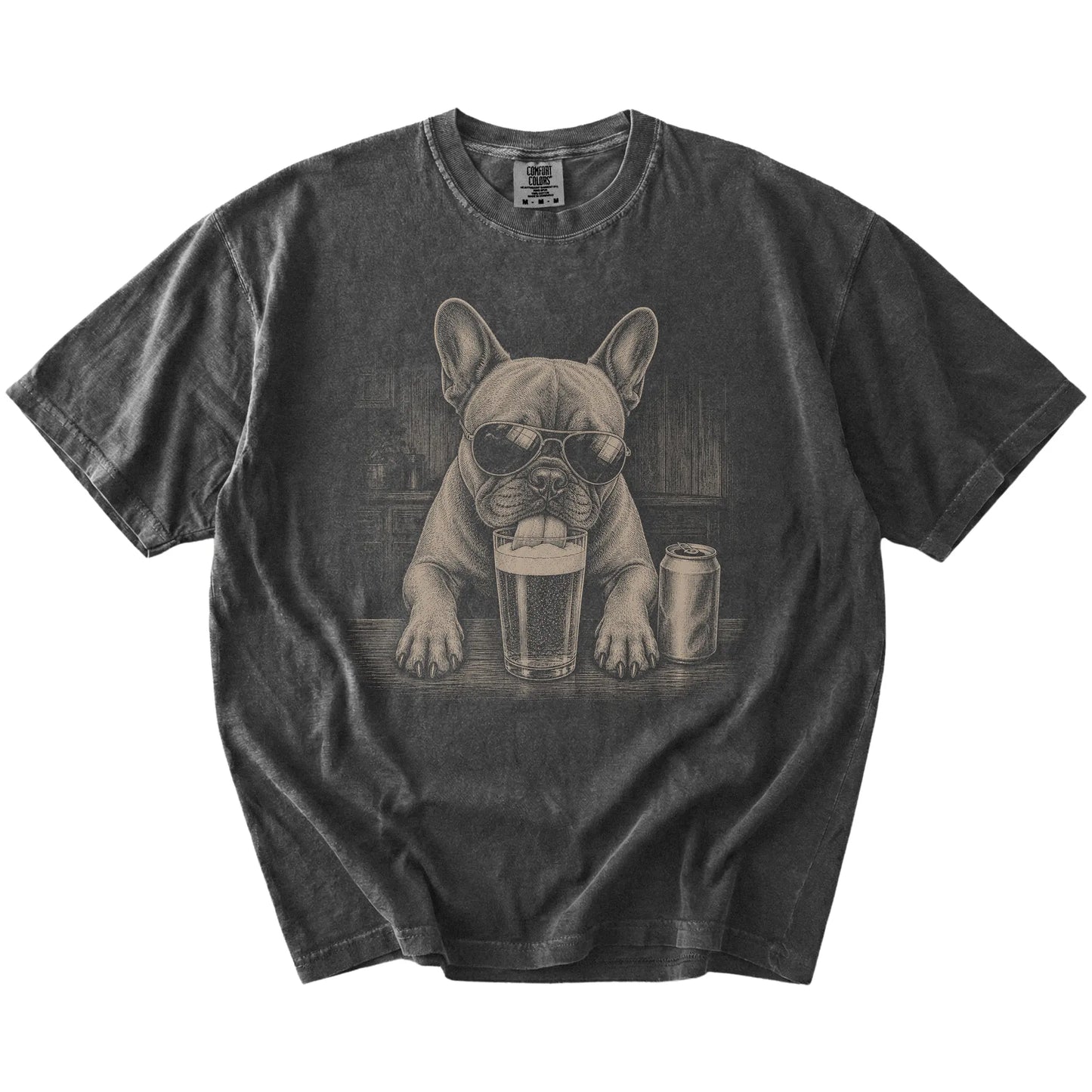 French Bulldog sneaking a drink from a foamy pint at home on a Pepper Comfort Colors® t-shirt