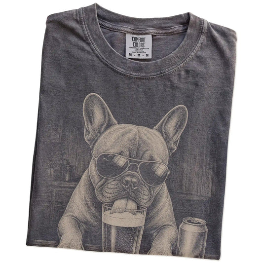 Folded Pepper Comfort Colors® t-shirt showing French Bulldog sneaking a drink from a pint