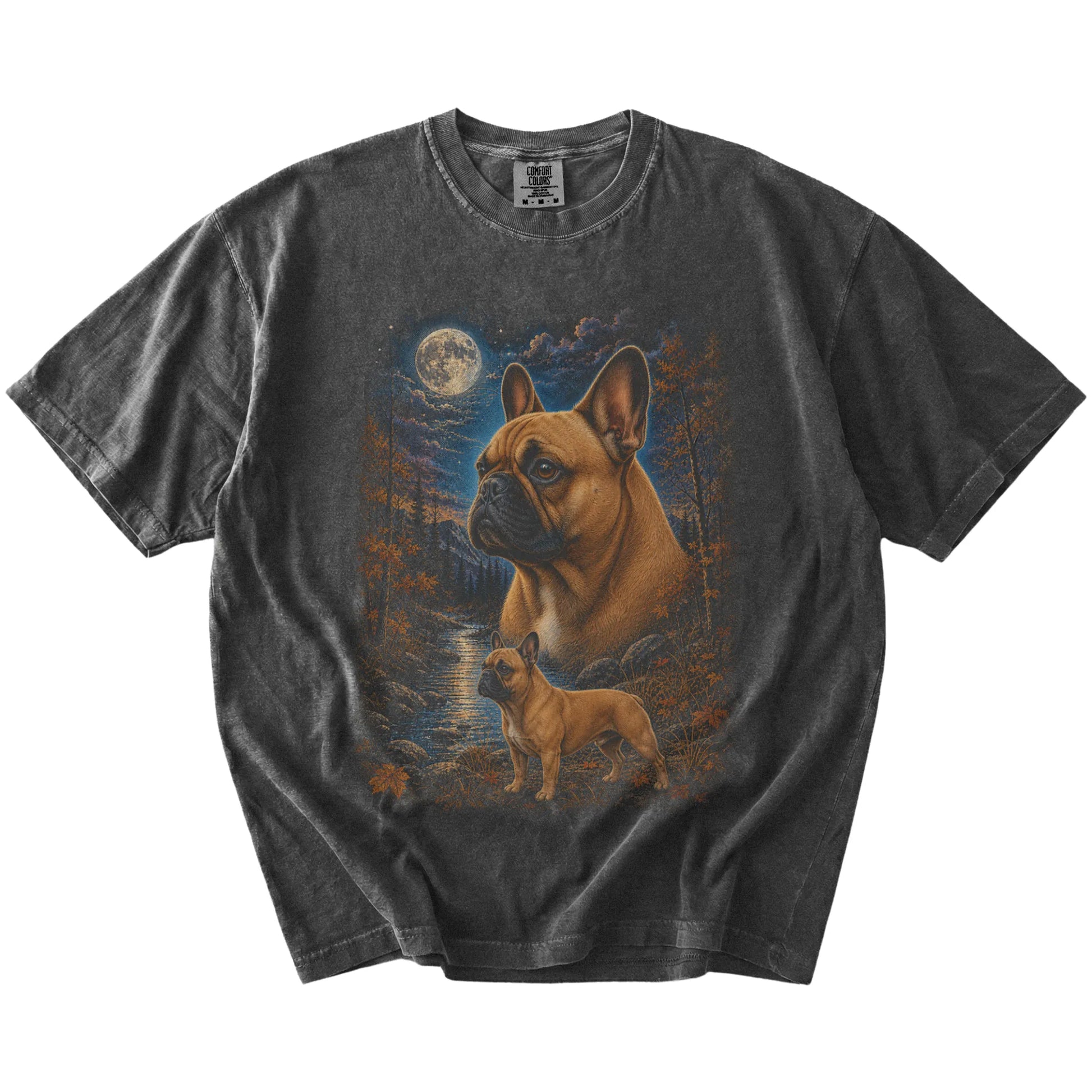 French Bulldog in a moonlit fall forest scene on a Pepper Comfort Colors® t-shirt