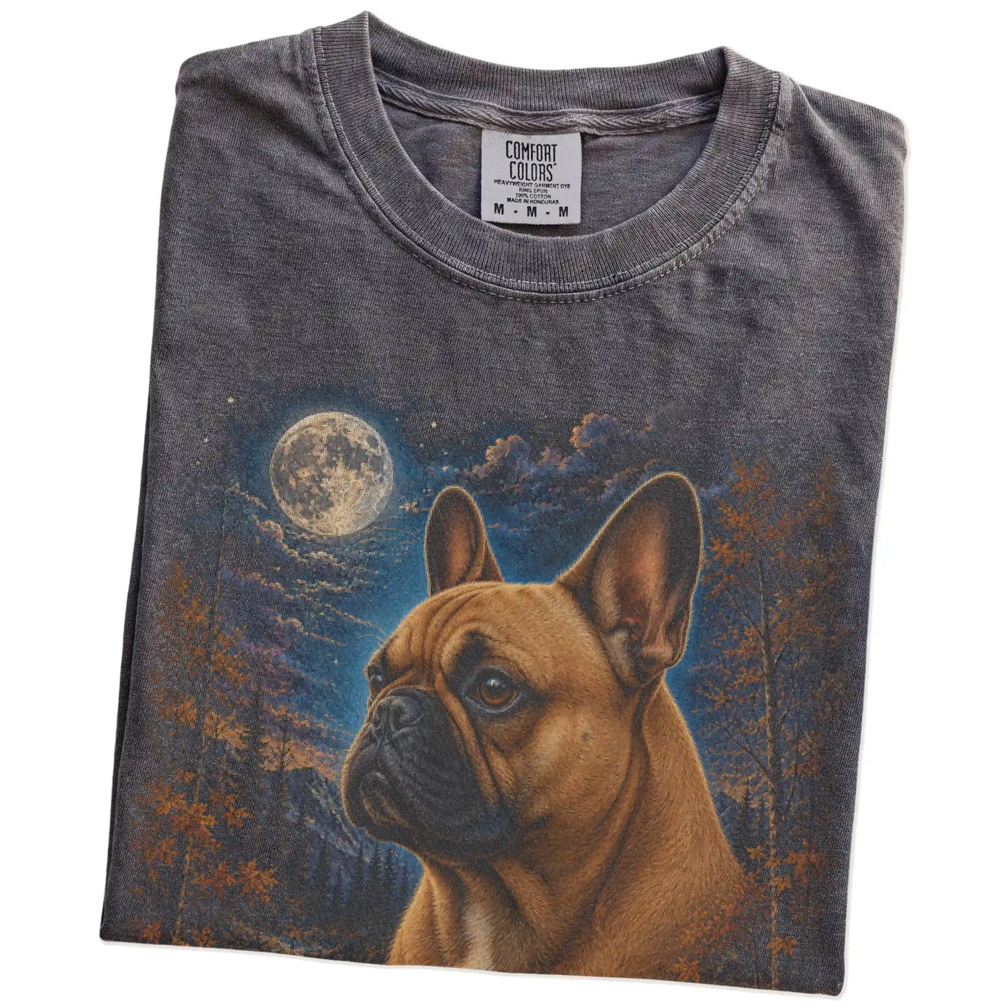 Folded Pepper Comfort Colors® t-shirt showing French Bulldog in a fall forest graphic