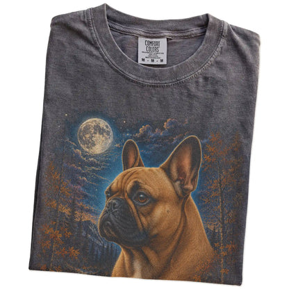 Folded Pepper Comfort Colors® t-shirt showing French Bulldog in a fall forest graphic