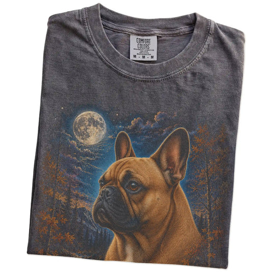 Folded Pepper Comfort Colors® t-shirt showing French Bulldog in a fall forest graphic