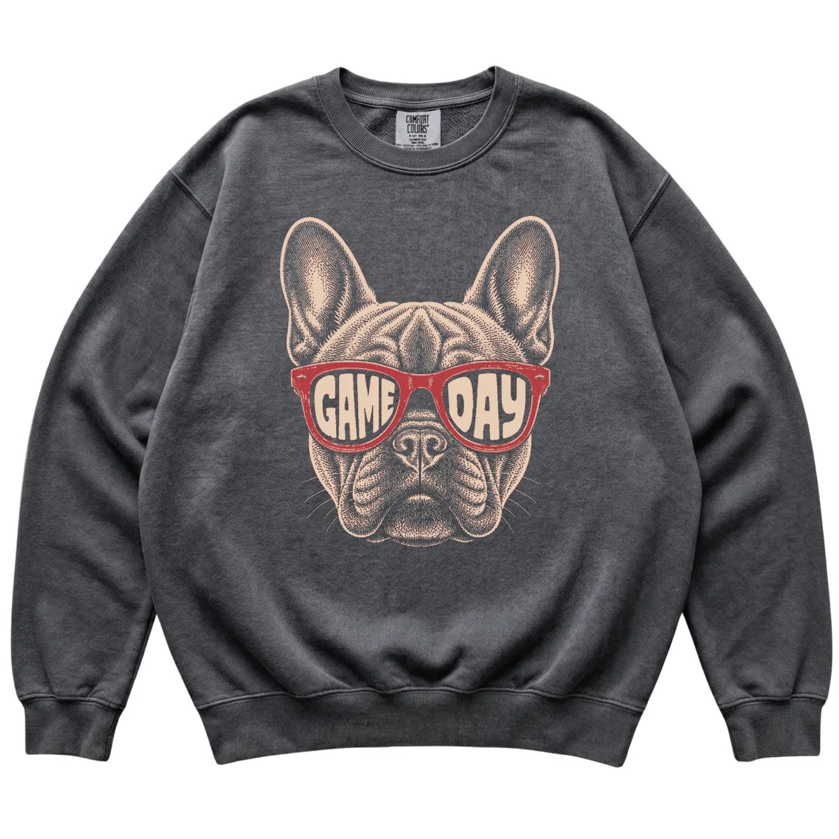 Pepper French Bulldog Game Day Sunglasses sweatshirt, laid flat