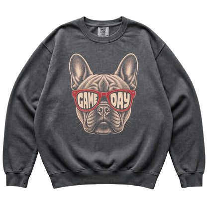 Pepper French Bulldog Game Day Sunglasses sweatshirt, laid flat
