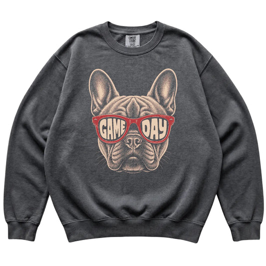 Pepper French Bulldog Game Day Sunglasses sweatshirt, laid flat