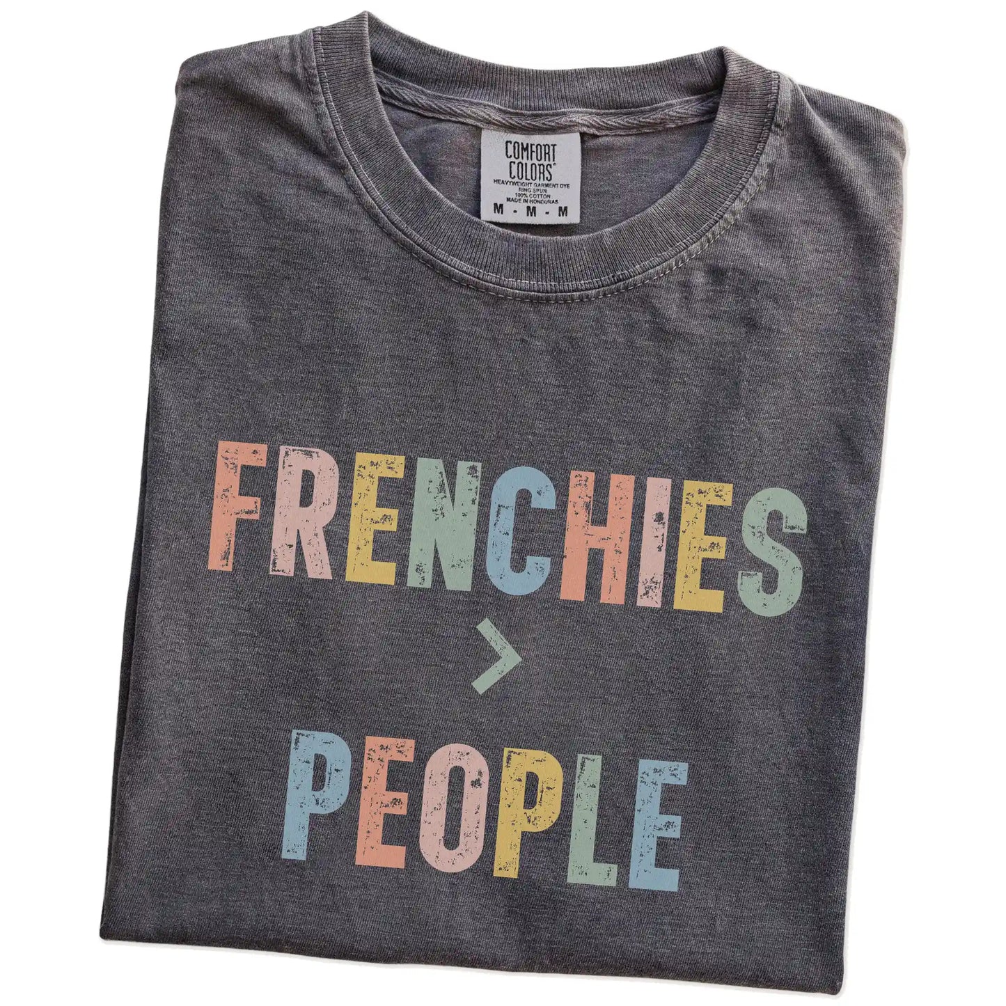 Folded Pepper Comfort Colors® T-shirt showing “French Bulldogs > People” text