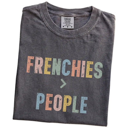 Folded Pepper Comfort Colors® T-shirt showing “French Bulldogs > People” text