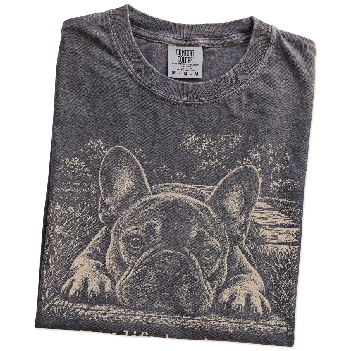 French Bulldog Karma Comfort Colors T-shirt in Pepper — Folded Detail