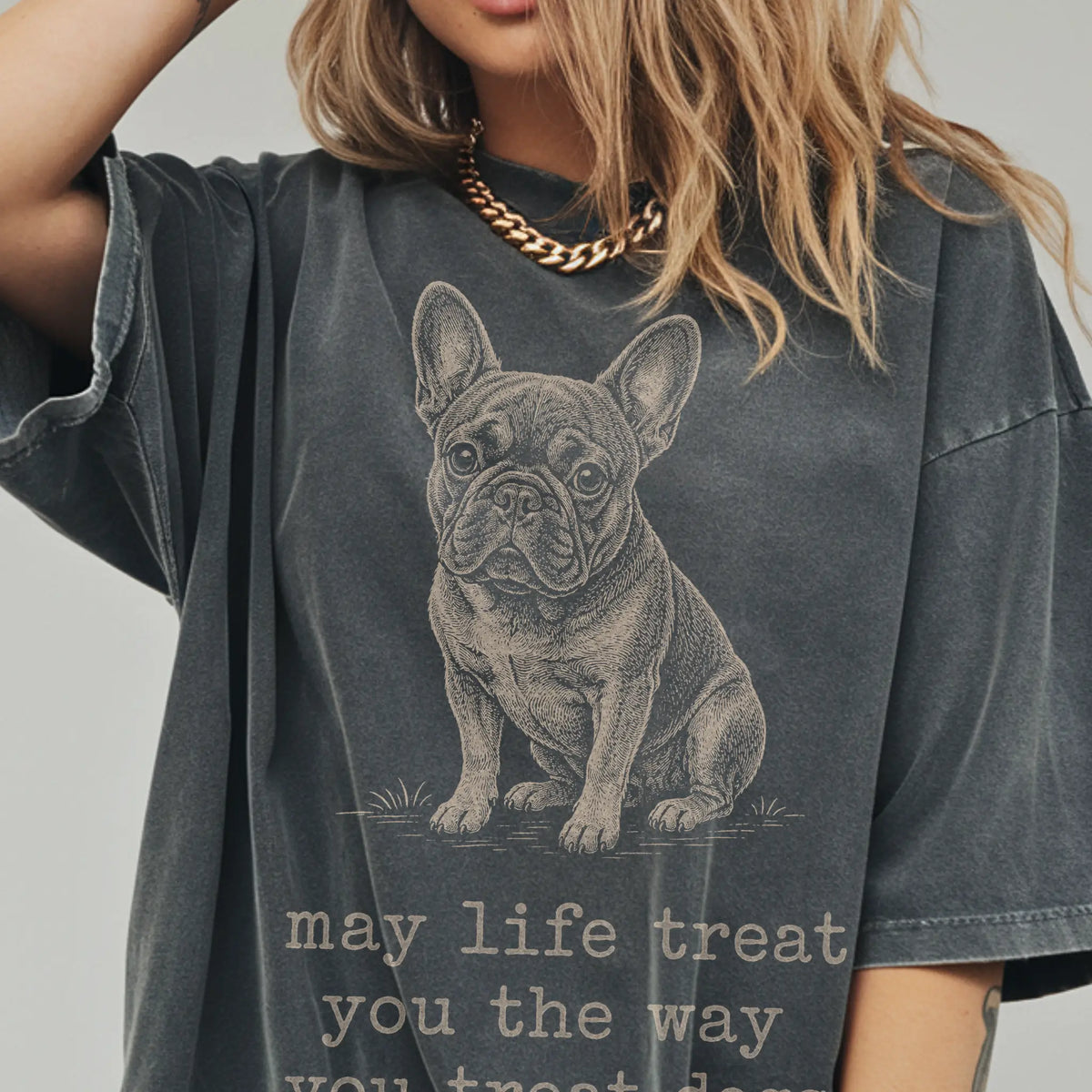Woman wearing a Pepper French Bulldog Karma T-Shirt