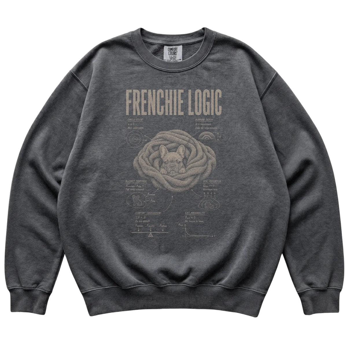 Pepper French Bulldog Logic sweatshirt laid flat