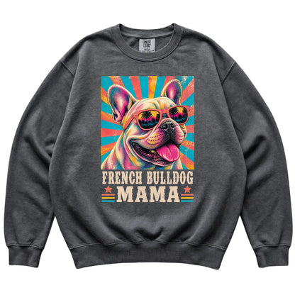 Retro French Bulldog Mama design on a Pepper Comfort Colors sweatshirt