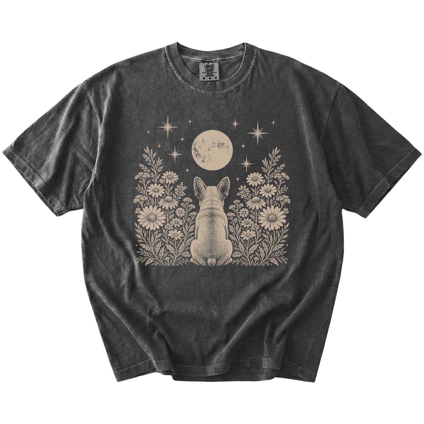 French Bulldog beneath a wildflower moon on a Pepper Comfort Colors® T-shirt