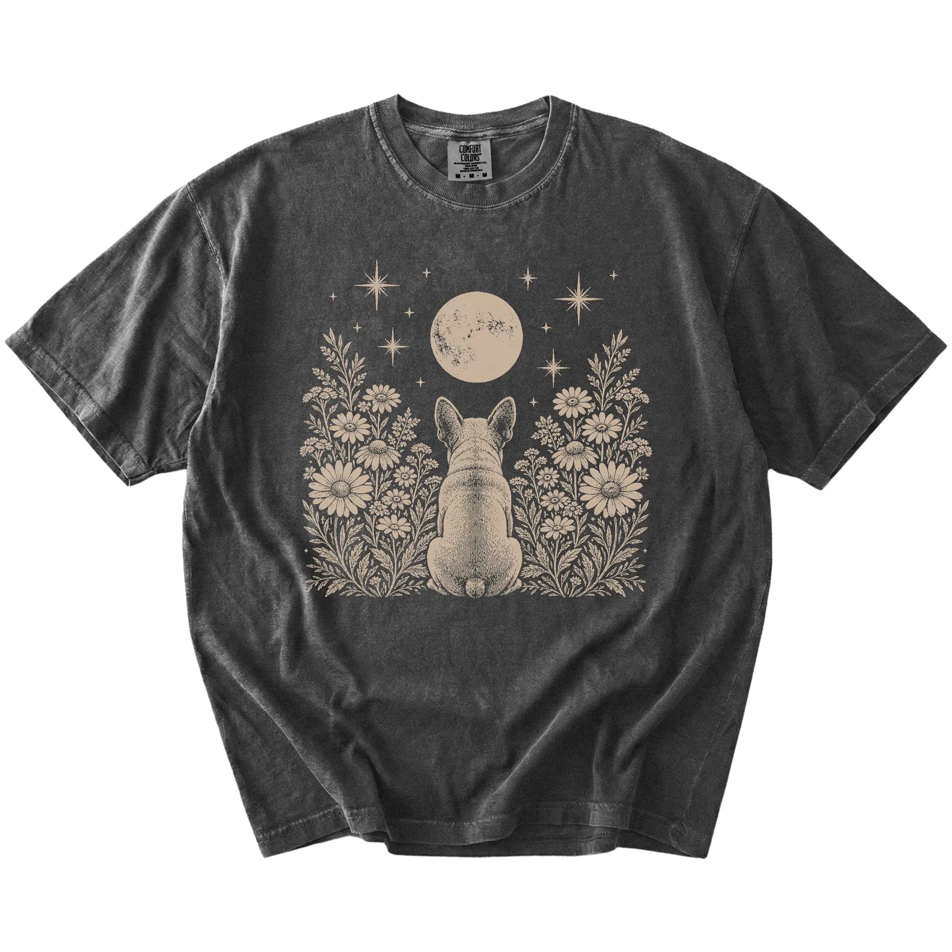 French Bulldog beneath a wildflower moon on a Pepper Comfort Colors® T-shirt