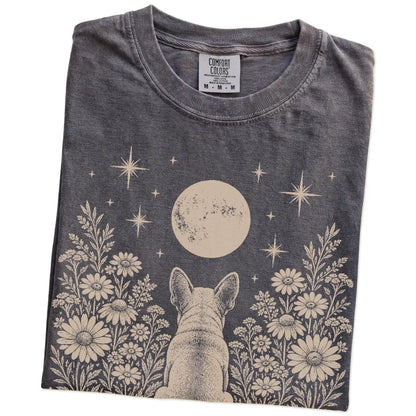 Folded Pepper Comfort Colors® T-shirt showing French Bulldog beneath a wildflower moon