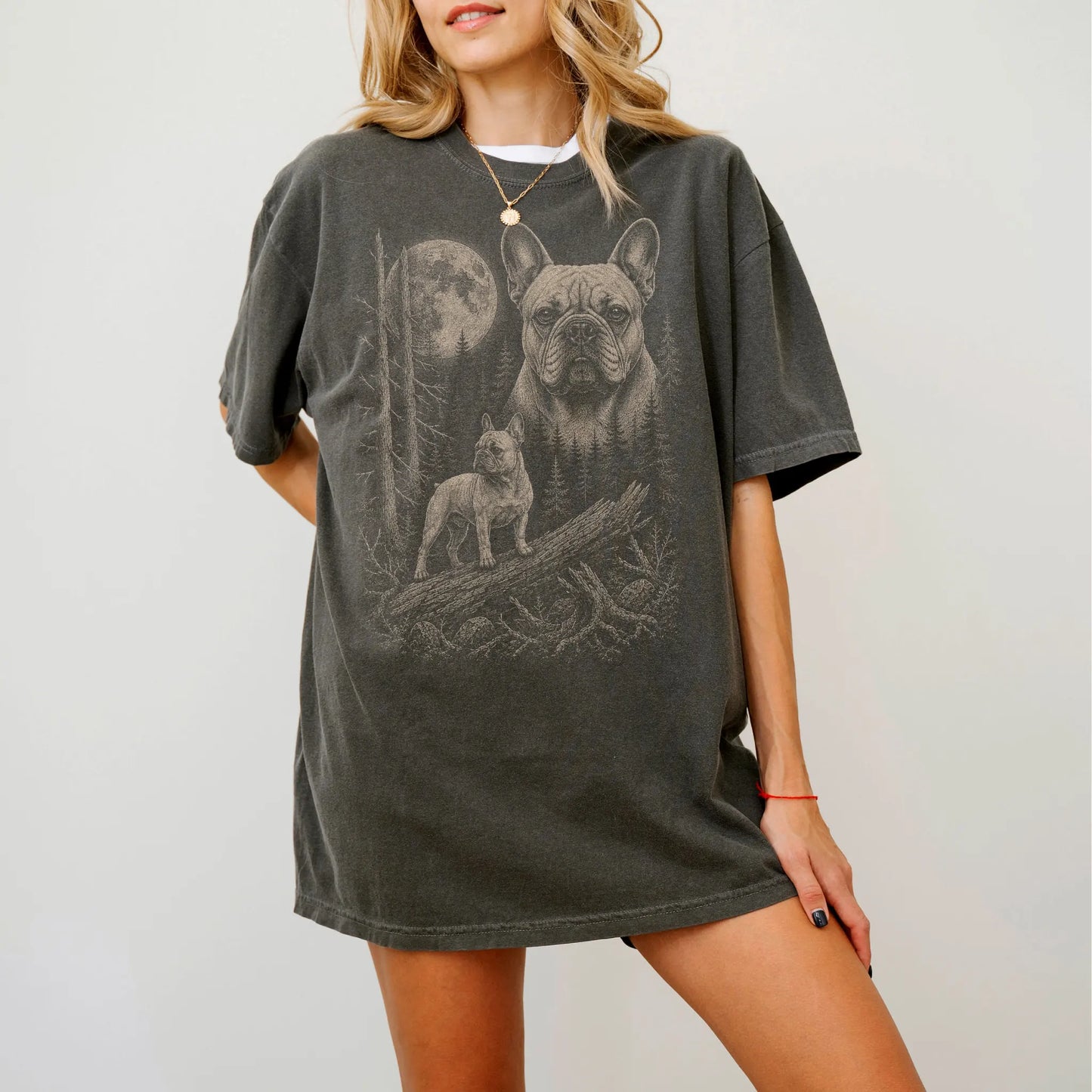 Woman wearing a Pepper French Bulldog Moonlit Forest T-Shirt