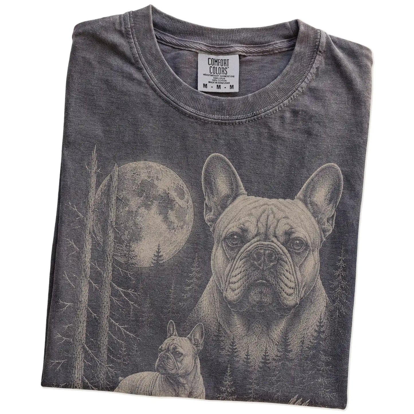Folded Pepper French Bulldog Moonlit Forest T-Shirt showing the graphic