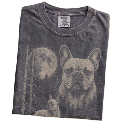 Folded Pepper French Bulldog Moonlit Forest T-Shirt showing the graphic