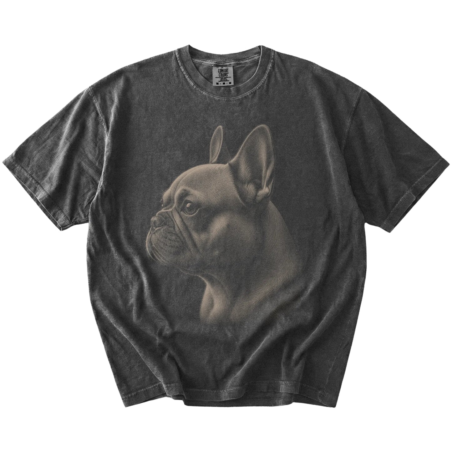 A detailed photographic portrait of a French Bulldog on a Pepper Comfort Colors® T-shirt