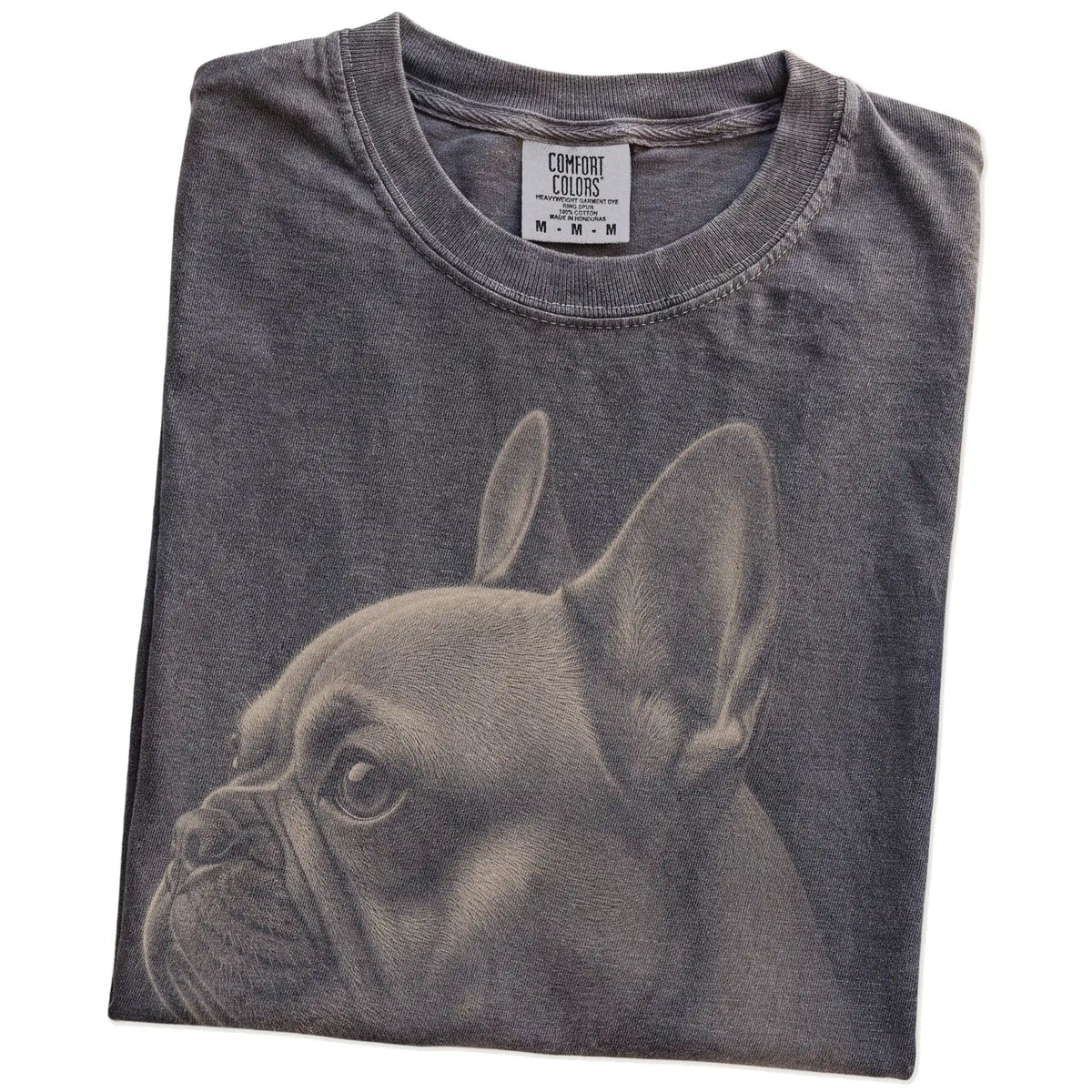 Folded Pepper Comfort Colors® T-shirt showing a detailed photographic portrait of a French Bulldog