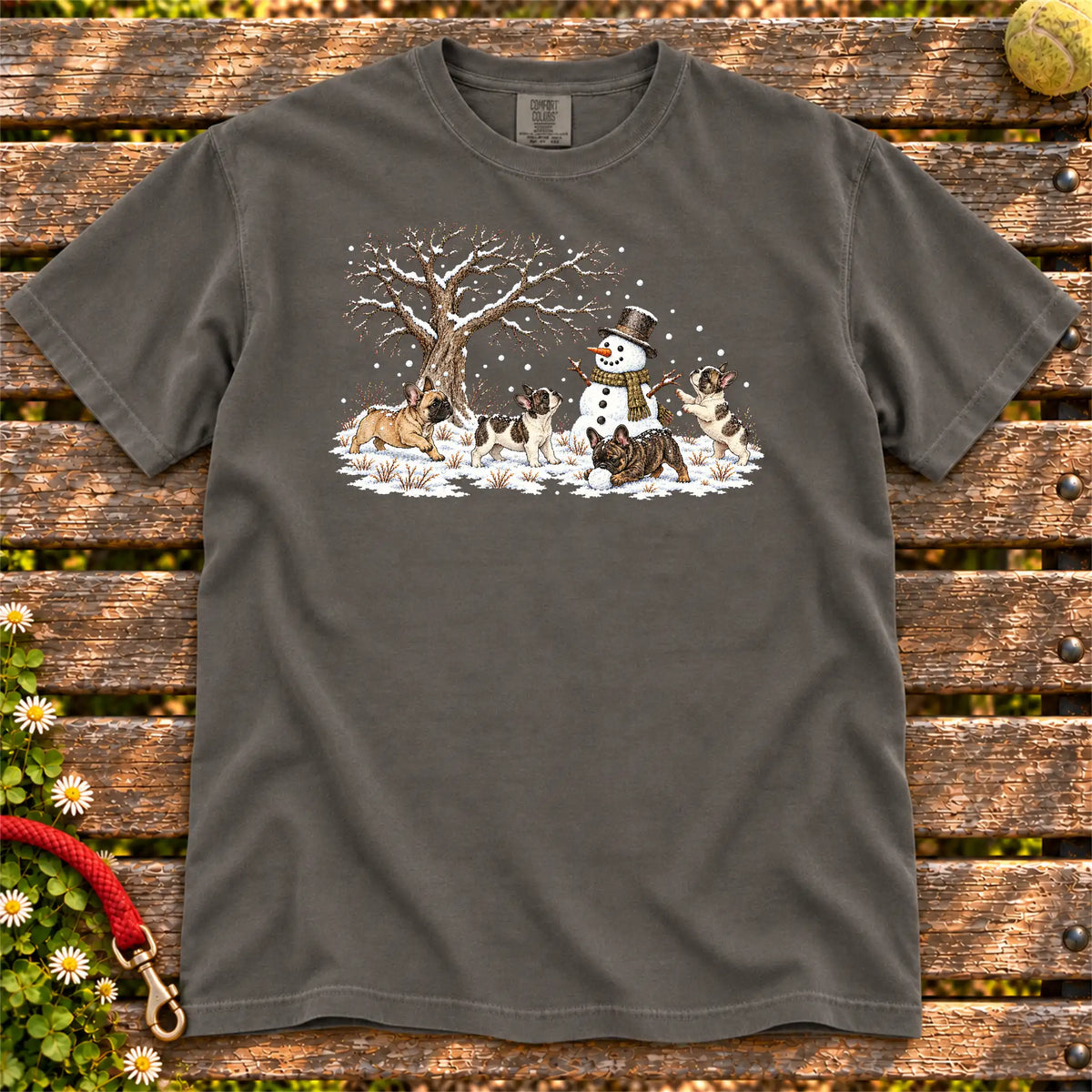 French Bulldog puppies playing in snow with a snowman on a Pepper T-shirt